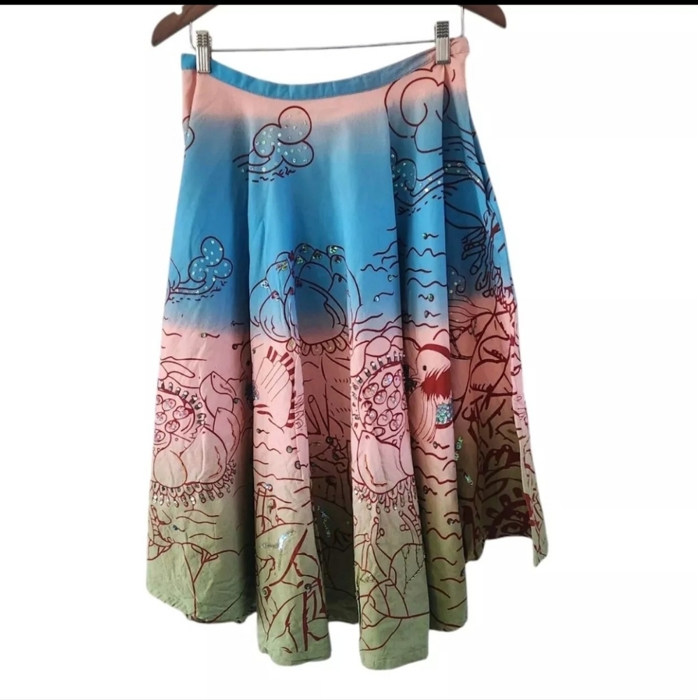 Lapis Circle Skirt Ducks Sky Cloudes Sequins Cotton Womens Size M Art To Wear